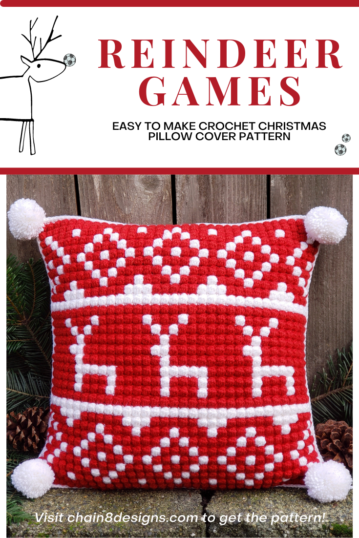 Pinterest pin for red and white Reindeer Games Crochet Pillow cover