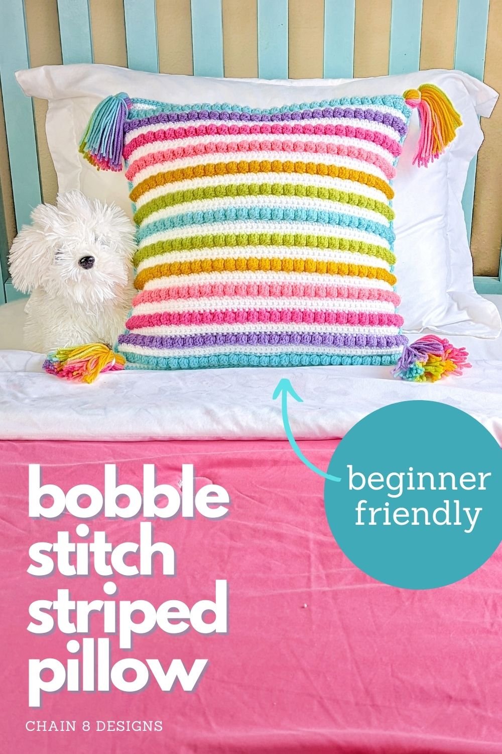 Pinterest pin of the rainbow striped Bobble Stitch Striped Pillow Pattern